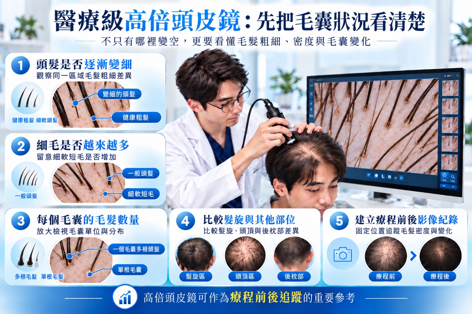 巴黎國際長春診所-醫療級高倍頭皮鏡-髮旋變寬頭頂稀疏毛囊檢測-頭髮變細細毛增加毛髮密度-髮旋頭頂後枕部比較-療程前後影像追蹤