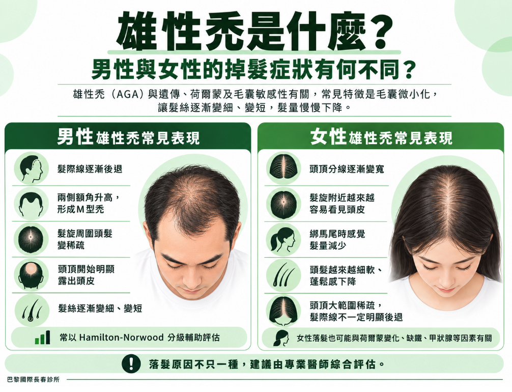 巴黎國際長春診所雄性禿衛教資訊圖，以白色與墨綠色呈現男性及女性雄性禿的常見症狀差異。主標題為「雄性禿是什麼？男性與女性的掉髮症狀有何不同？」左側男性示意圖呈現髮際線後退、M型禿、髮旋變寬、頭頂稀疏及髮絲變細等特徵，並介紹Hamilton-Norwood分級。右側女性示意圖呈現頭頂分線變寬、髮旋周圍頭皮明顯、馬尾髮量減少、髮絲細軟及頭頂大範圍稀疏等特徵。說明雄性禿與遺傳、荷爾蒙及毛囊微小化有關，女性落髮也可能受到缺鐵、甲狀腺等因素影響，提醒民眾及早由專業醫師評估落髮原因。